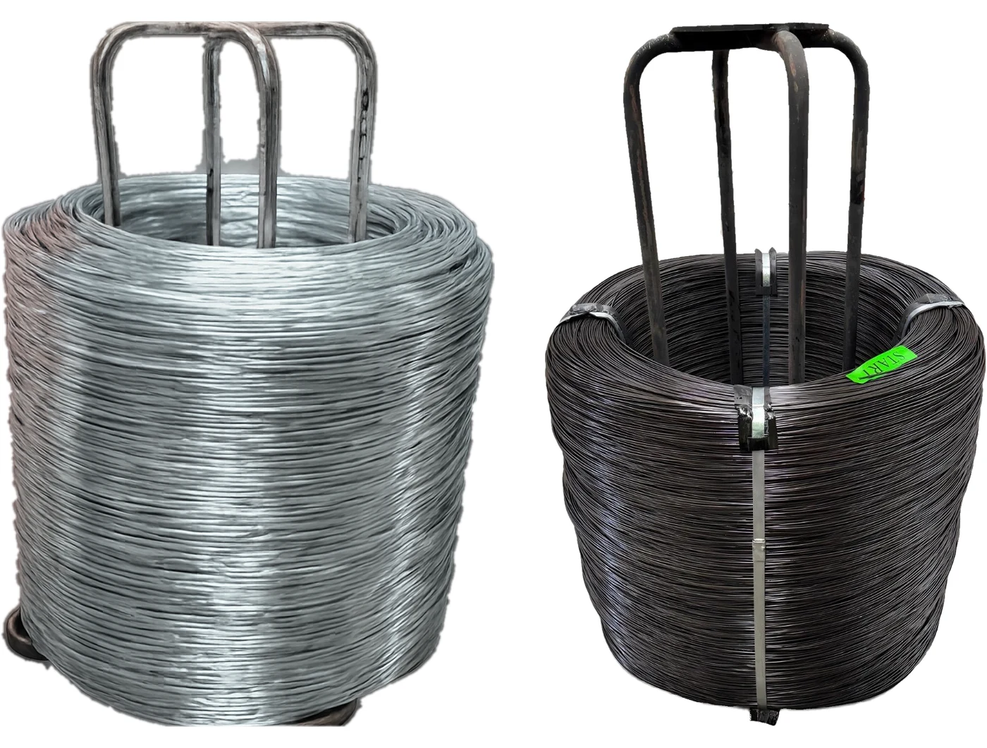 Galvanised and black annealed baling wire coils on stands